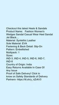 Product Name: *  Fashion Women's Wedges Sandal Casual Wear Heel Sandal Jet Black…*Material: Syntethic LeatherSole Material: EVAFastening & Back Detail: Slip-OnPattern: EmbellishedMultipack: 1 - IND-6