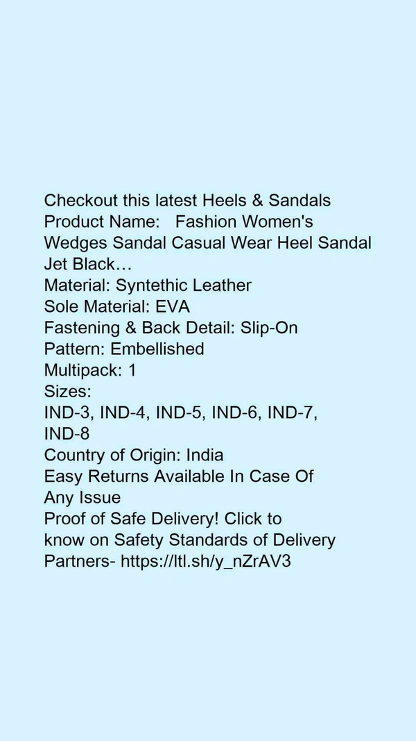 Product Name: *  Fashion Women's Wedges Sandal Casual Wear Heel Sandal Jet Black…*Material: Syntethic LeatherSole Material: EVAFastening & Back Detail: Slip-OnPattern: EmbellishedMultipack: 1 - IND-6