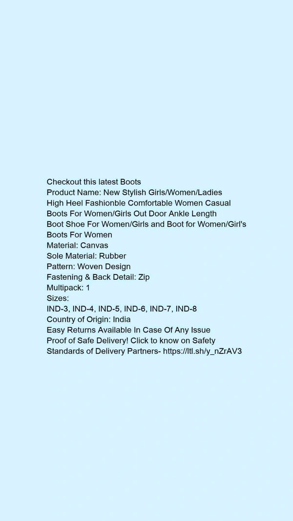 Product Name: *New Stylish Girls/Women/Ladies High Heel Fashionble Comfortable Women Casual Boots For Women/Girls Out Door Ankle Length Boot Shoe For Women/Girls and Boot for Women/Girl's Boots For Women*Material: CanvasSole Material: RubberPattern: Woven DesignFastening & Back Detail: ZipMultipack: 1 - colour- Pink