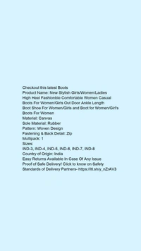 Product Name: *New Stylish Girls/Women/Ladies High Heel Fashionble Comfortable Women Casual Boots For Women/Girls Out Door Ankle Length Boot Shoe For Women/Girls and Boot for Women/Girl's Boots For Women*Material: CanvasSole Material: RubberPattern: Woven DesignFastening & Back Detail: ZipMultipack: 1 - 8