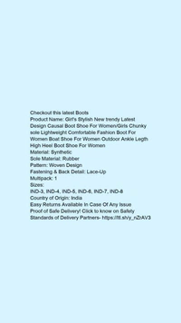 Product Name: *Girl's Stylish New trendy Latest Design Causal Boot Shoe For Women/Girls Chunky sole Lightweight Comfortable Fashion Boot For Women Boat Shoe For Women Outdoor Ankle Legth High Heel Boot Shoe For Women*Material: SyntheticSole Material: RubberPattern: Woven DesignFastening & Back Detail: Lace-UpMultipack: 1 - colour- black