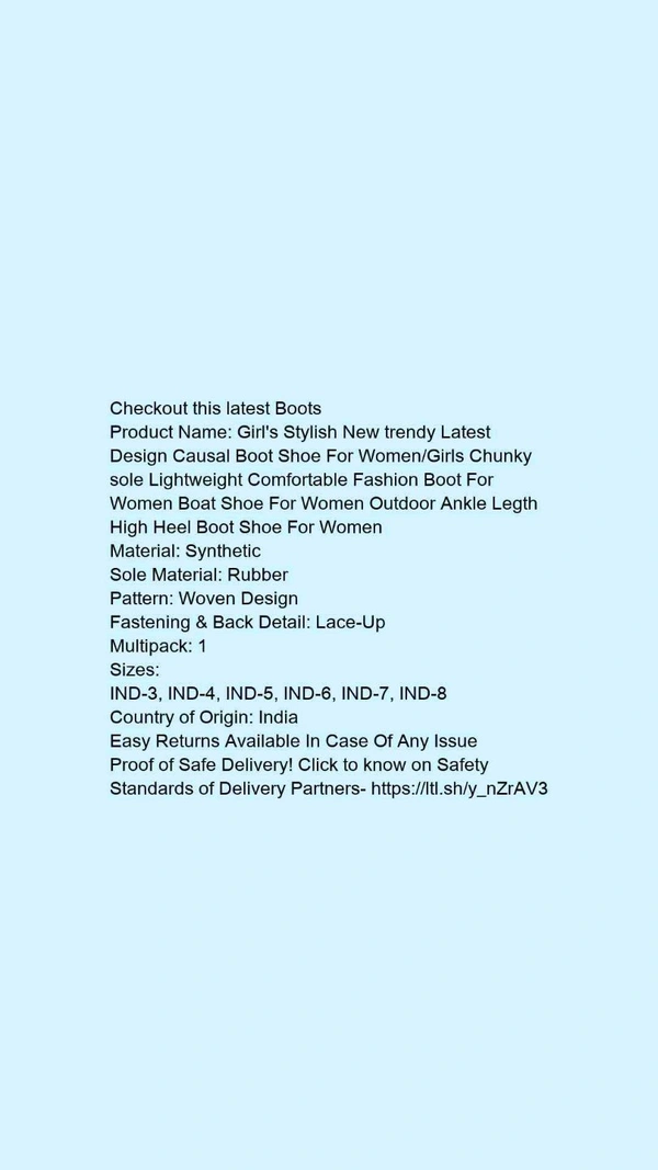 Product Name: *Girl's Stylish New trendy Latest Design Causal Boot Shoe For Women/Girls Chunky sole Lightweight Comfortable Fashion Boot For Women Boat Shoe For Women Outdoor Ankle Legth High Heel Boot Shoe For Women*Material: SyntheticSole Material: RubberPattern: Woven DesignFastening & Back Detail: Lace-UpMultipack: 1 - colour- black