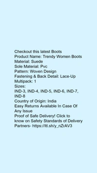 Product Name: *Attractive Women Boots*Material: SuedeSole Material: PvcPattern: Woven DesignFastening & Back Detail: Lace-UpMultipack: 1 - 8