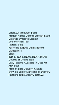Product Name: *Colorful Women Boots*Material: Syntethic LeatherSole Material: TpuPattern: SolidFastening & Back Detail: BuckleMultipack: 1 - 8