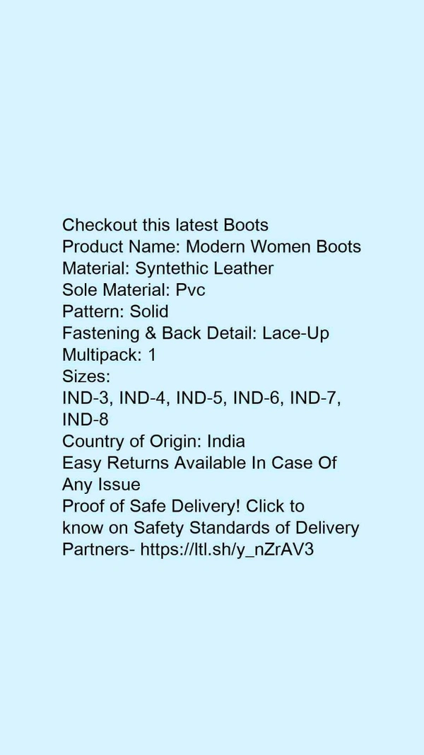 Product Name: *Modern Women Boots*Material: Syntethic LeatherSole Material: PvcPattern: SolidFastening & Back Detail: Lace-UpMultipack: 1 - 7