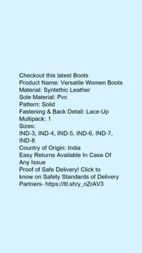 Product Name: *Versatile Women Boots*Material: Syntethic LeatherSole Material: PvcPattern: SolidFastening & Back Detail: Lace-UpMultipack: 1 - 8