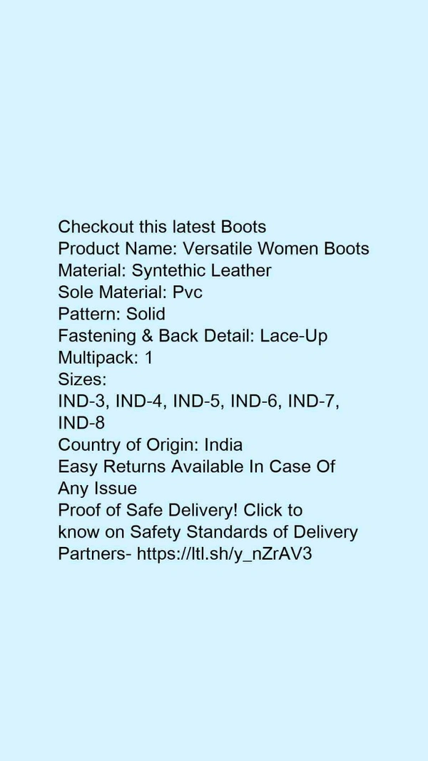 Product Name: *Versatile Women Boots*Material: Syntethic LeatherSole Material: PvcPattern: SolidFastening & Back Detail: Lace-UpMultipack: 1 - 8