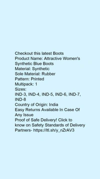 Product Name: *Attractive Women's Synthetic Blue Boots*Material: SyntheticSole Material: RubberPattern: PrintedMultipack: 1 - 6