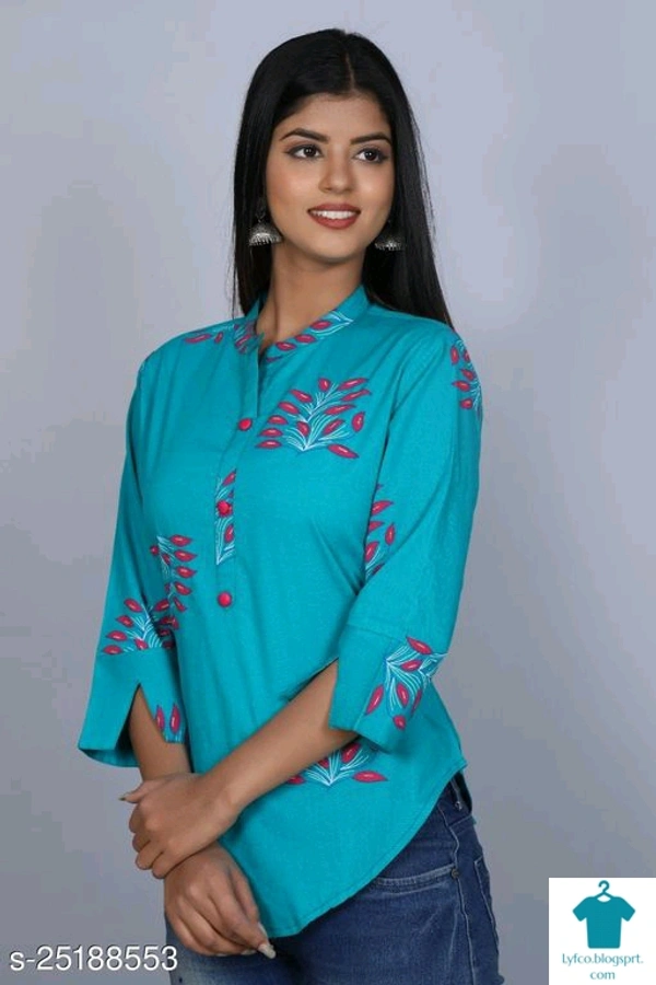 Product Name: *Trendy Feminine Women Tops & Tunics*Fabric: RayonSleeve Length: Three-Quarter SleevesPattern: PrintedMultipack: 1 - XL