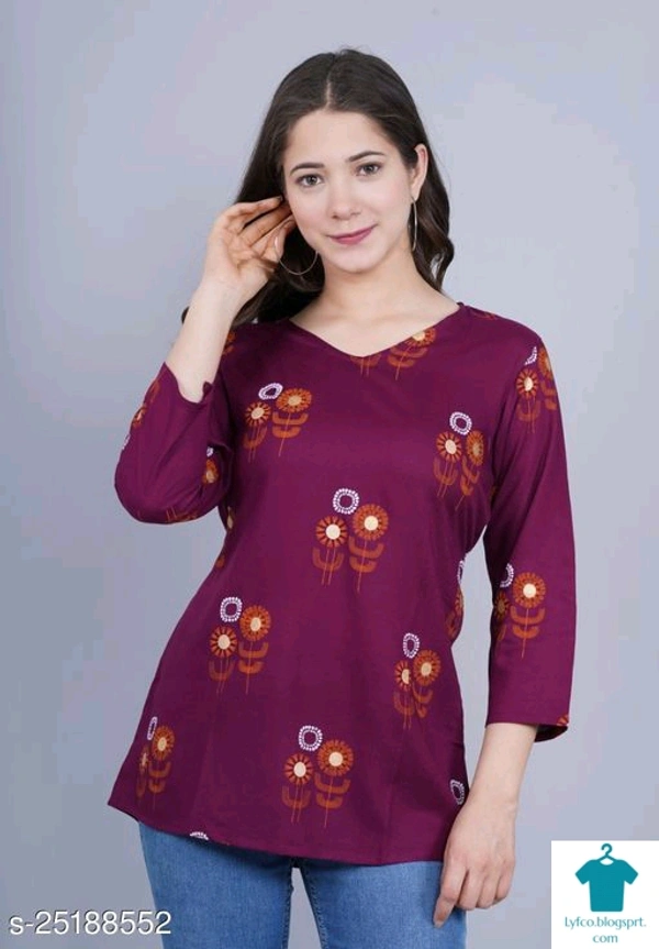 Product Name: *Trendy Ravishing Women Tops & Tunics*Fabric: RayonSleeve Length: Three-Quarter SleevesPattern: SolidMultipack: 1 - XXL