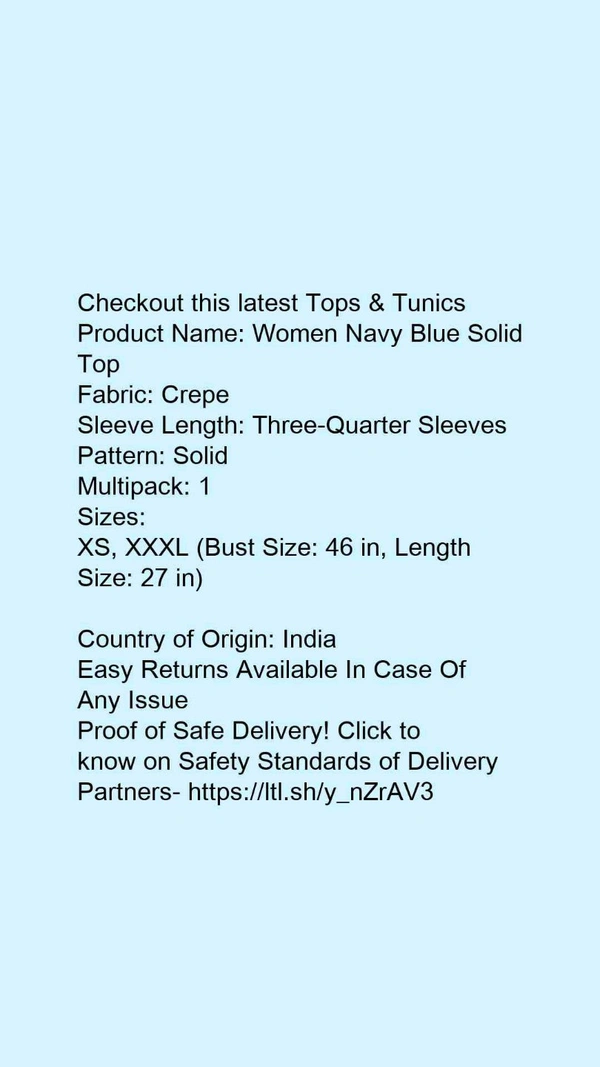 Product Name: *Women Navy Blue Solid Top*Fabric: CrepeSleeve Length: Three-Quarter SleevesPattern: SolidMultipack: 1 - XXL