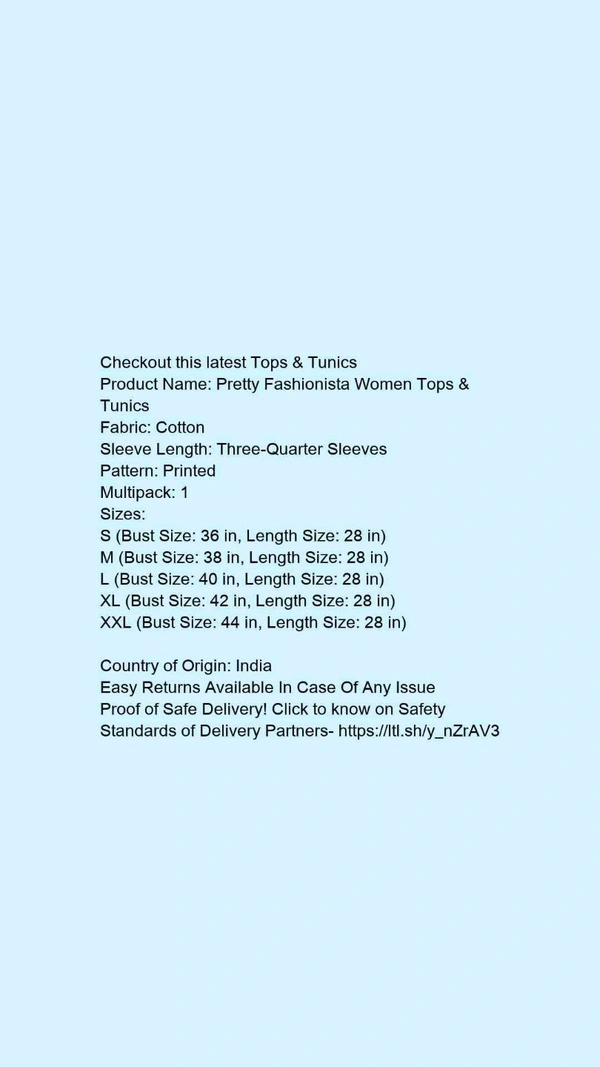 Product Name: *Trendy Sensational Women Tops & Tunics*Fabric: CrepeSleeve Length: Three-Quarter SleevesPattern: SolidMultipack: 1 - M