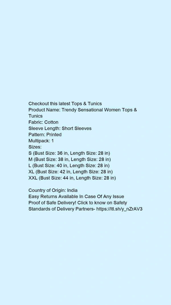 Product Name: *Trendy Sensational Women Tops & Tunics*Fabric: CrepeSleeve Length: Three-Quarter SleevesPattern: SolidMultipack: 1 - XXXL