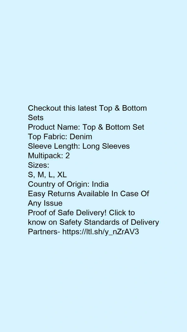 Product Name: *Top & Bottom Set*Top Fabric: DenimSleeve Length: Long SleevesMultipack: 2 - size- M