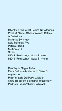 Product Name: *Stylish Women Bellies & Ballerinas*Material: SyntheticSole Material: PvcPattern: SolidMultipack: 1 - IND-3