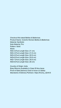 Checkout this latest Bellies & BallerinasProduct Name: *Colorful Women Bellies & Ballerinas*Material: SyntheticSole Material: TprPattern: SolidMultipack: 1 - IND-6