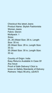 Product Name: *Stylish Fashionista Women Jeans*Fabric: DenimMultipack: 1 - 30