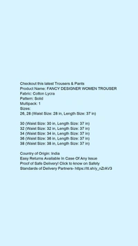 Product Name: *FANCY DESIGNER WOMEN TROUSER *Fabric: Cotton LycraPattern: SolidMultipack: 1 - 32