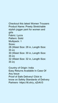 Product Name: *Preety Stretchable stylish jogger pant for women and girls*Fabric: LycraPattern: SolidMultipack: 1 - 34
