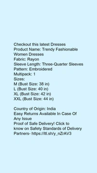 Product Name: *Fancy Designer Women Dresses*Fabric: RayonSleeve Length: Three-Quarter SleevesPattern: EmbroideredMultipack: 1 - XXL