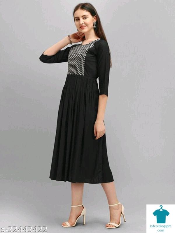 Product Name: *Fancy Designer Women Dresses*Fabric: RayonSleeve Length: Three-Quarter SleevesPattern: EmbroideredMultipack: 1 - XXL