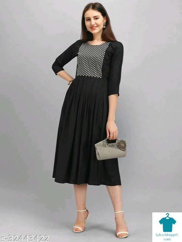 Product Name: *Fancy Designer Women Dresses*Fabric: RayonSleeve Length: Three-Quarter SleevesPattern: EmbroideredMultipack: 1 - XXL