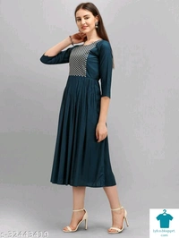 Product Name: *Fancy Designer Women Dresses*Fabric: RayonSleeve Length: Three-Quarter SleevesPattern: EmbroideredMultipack: 1 - L