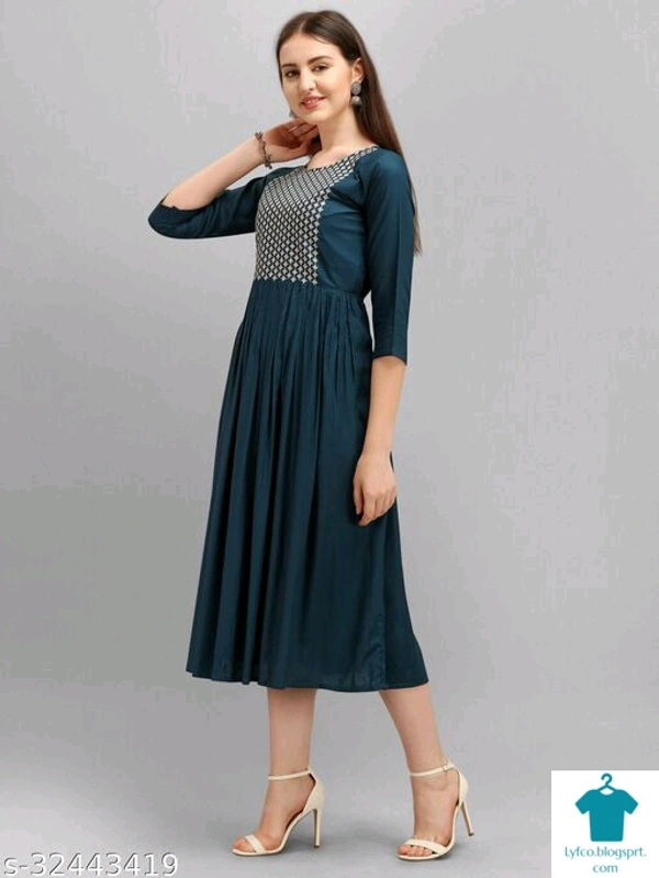 Product Name: *Fancy Designer Women Dresses*Fabric: RayonSleeve Length: Three-Quarter SleevesPattern: EmbroideredMultipack: 1 - L