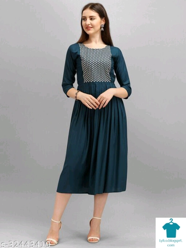 Product Name: *Fancy Designer Women Dresses*Fabric: RayonSleeve Length: Three-Quarter SleevesPattern: EmbroideredMultipack: 1 - L