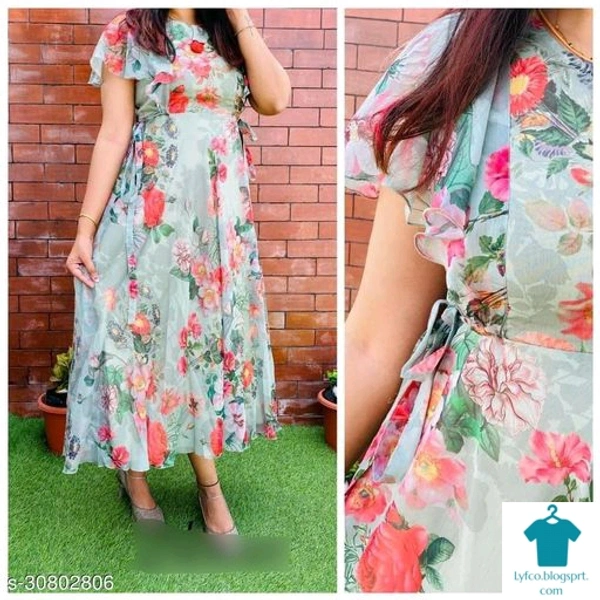 Product Name: *Trendy Ravishing Women Gowns*Fabric: GeorgetteSleeve Length: Short SleevesPattern: PrintedMultipack: 1 - XL