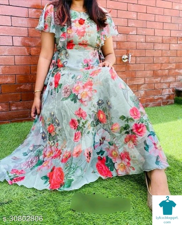 Product Name: *Trendy Ravishing Women Gowns*Fabric: GeorgetteSleeve Length: Short SleevesPattern: PrintedMultipack: 1 - XL