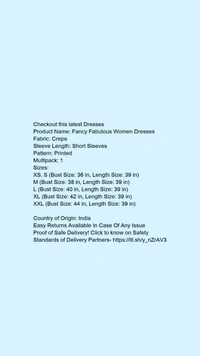 Product Name: *Fancy Fabulous Women Dresses*Fabric: CrepeSleeve Length: Short SleevesPattern: PrintedMultipack: 1 - M
