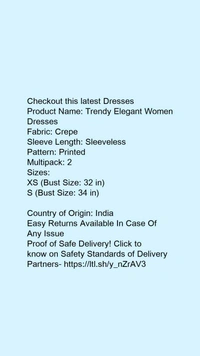 Product Name: *Trendy Fashionable Women Dresses*Fabric: CrepeSleeve Length: SleevelessPattern: PrintedMultipack: 2 - XS