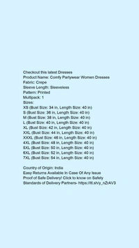 Product Name: *Comfy Partywear Women Dresses*Fabric: CrepeSleeve Length: SleevelessPattern: PrintedMultipack: 1 - 4XL