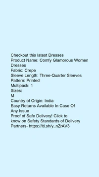 Product Name: *Comfy Glamorous Women Dresses*Fabric: CrepeSleeve Length: Three-Quarter SleevesPattern: PrintedMultipack: 1 - S