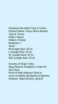 Product Name: *Fancy Retro Women Tops & Tunics*Fabric: RayonPattern: PrintedMultipack: 1 - XL