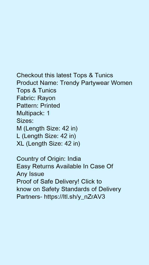 Product Name: *Trendy Partywear Women Tops & Tunics*Fabric: NetSleeve Length: Three-Quarter SleevesPattern: LaceMultipack: 1 - XXL