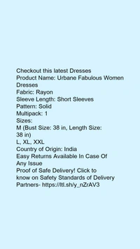 Product Name: *Urbane Fabulous Women Dresses*Fabric: RayonSleeve Length: Short SleevesPattern: SolidMultipack: 1 - L