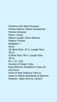 Product Name: *Stylish Modern Women Dresses*Fabric: CrepeSleeve Length: Short SleevesPattern: PrintedMultipack: 1 - XS