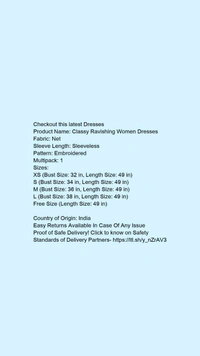 Product Name: *Classy Ravishing Women Dresses*Fabric: NetSleeve Length: SleevelessPattern: EmbroideredMultipack: 1 - XL
