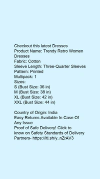 Product Name: *Trendy Retro Women Dresses*Fabric: CottonSleeve Length: Three-Quarter SleevesPattern: PrintedMultipack: 1 - XXL