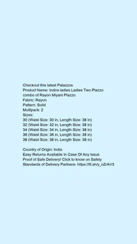 Product Name: *Palazzo*Fabric: RayonPattern: SolidMultipack: 2 - Free size
