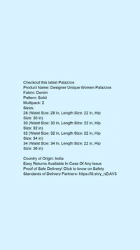 Product Name: *Designer Unique Women Palazzos*Fabric: DenimPattern: SolidMultipack: 2 - 30