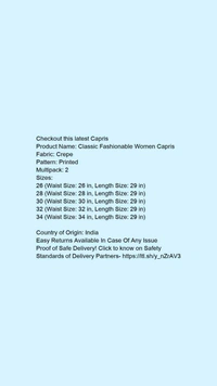 Product Name: *Classic Fashionable Women Capris*Fabric: CrepePattern: PrintedMultipack: 2 - 36