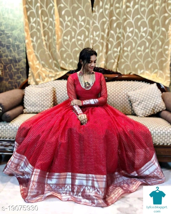 Product Name: *Demanding Maroon Colored Party Wear Woven Pure Organza Gown *Fabric: OrganzaSleeve Length: Long SleevesPattern: Zari WovenMultipack: 1 - M