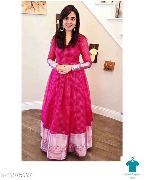 Product Name: *Demanding pink Colored Party Wear Woven Pure Organza Gown *Fabric: OrganzaSleeve Length: Long SleevesPattern: Zari WovenMultipack: 1 - S