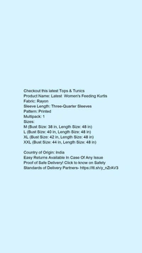 Product Name: *Latest  Women's Feeding Kurtis*Fabric: RayonSleeve Length: Three-Quarter SleevesPattern: PrintedMultipack: 1 - XL