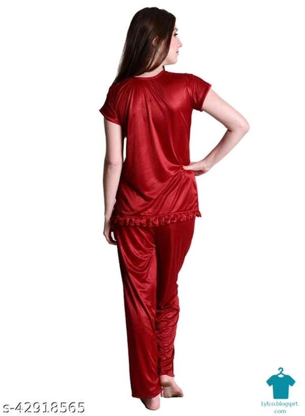 Product Name: *Nightdoll Maroon Satin Nightwear Night Suit Top & Pajama Set*Top Fabric: SatinBottom Fabric: SatinTop Type: Regular TopBottom Type: PyjamasSleeve Length: Short SleevesPattern: SolidMultipack: 1 - XXL