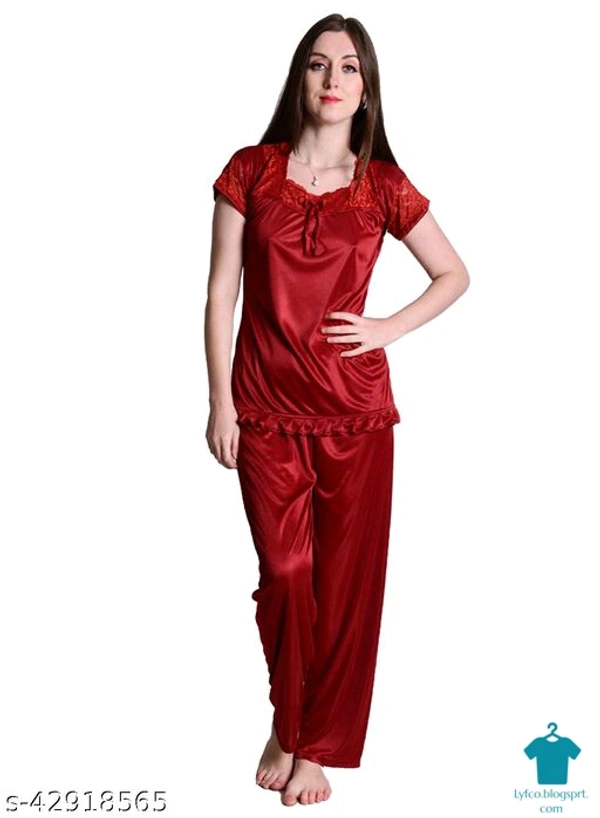 Product Name: *Nightdoll Maroon Satin Nightwear Night Suit Top & Pajama Set*Top Fabric: SatinBottom Fabric: SatinTop Type: Regular TopBottom Type: PyjamasSleeve Length: Short SleevesPattern: SolidMultipack: 1 - XXL