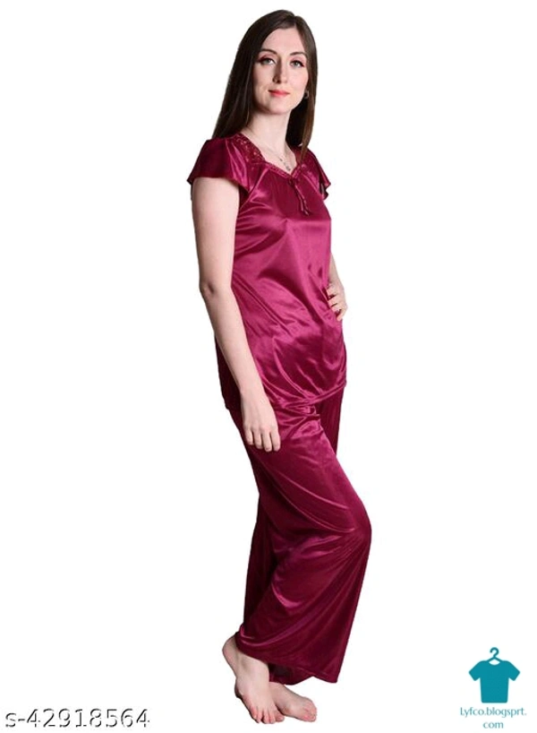 Product Name: *Nightdoll Maroon Satin Nightwear Night Suit Top & Pajama Set*Top Fabric: SatinBottom Fabric: SatinTop Type: Regular TopBottom Type: PyjamasSleeve Length: Short SleevesPattern: SolidMultipack: 1 - M